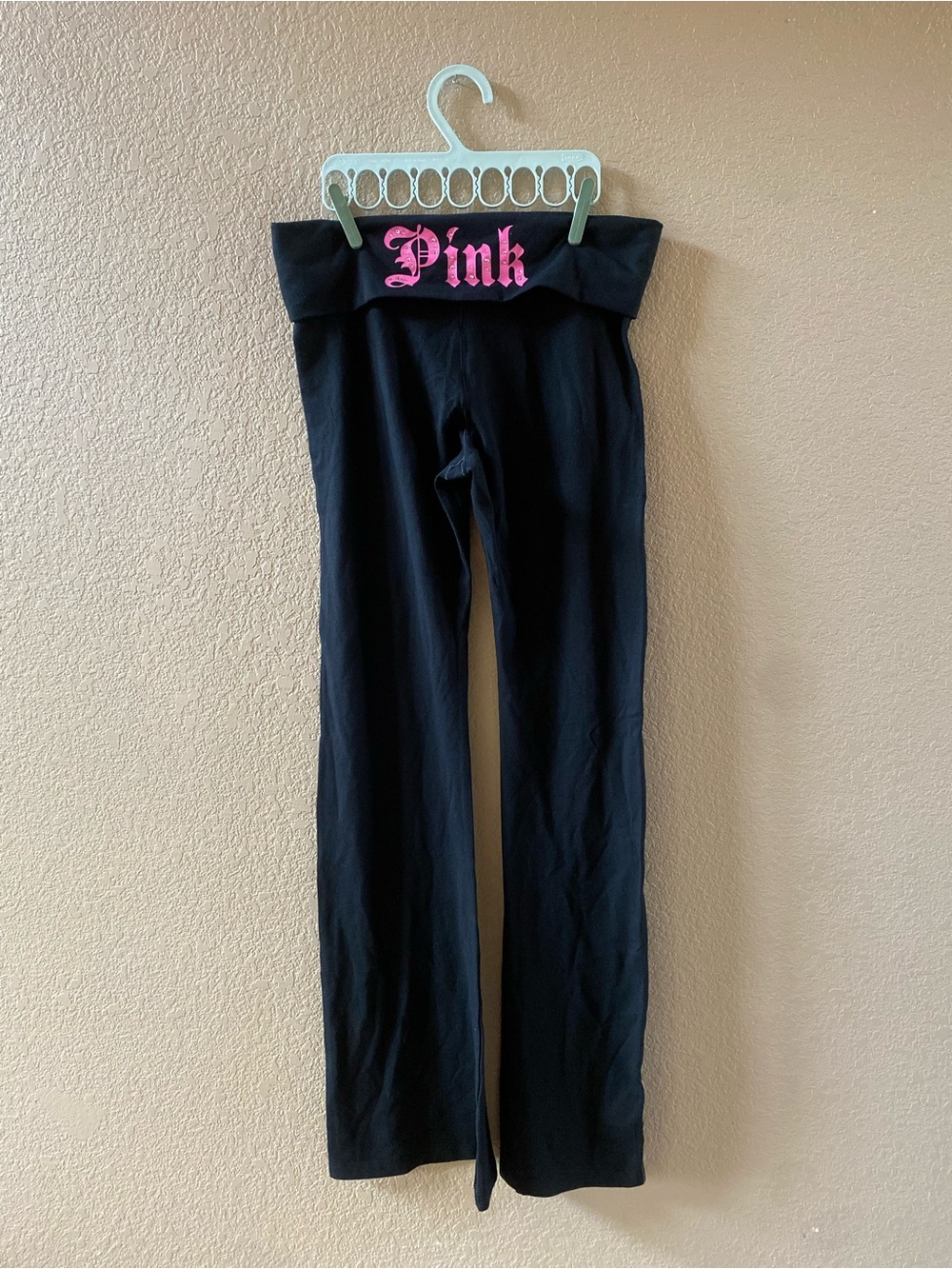 Victoria's Secret PINK Black Fold-Over Flared leggings with Pink Gothic Logo